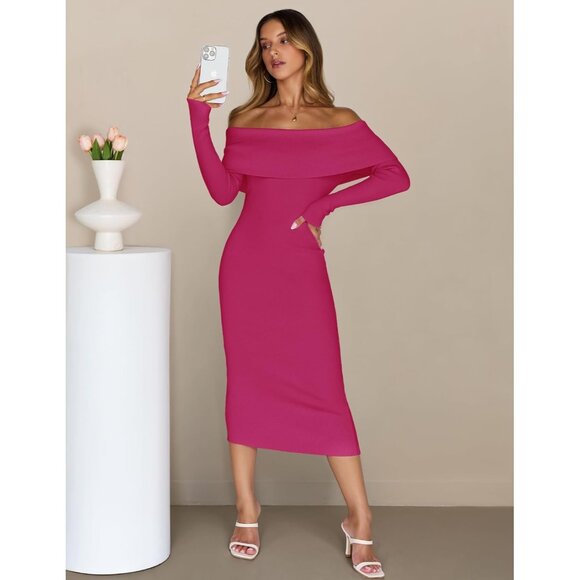 Merokeety Women's Rosepink Off Shoulder Long Sleeve Elegant Bodycon Midi Dress - Picture 7 of 9